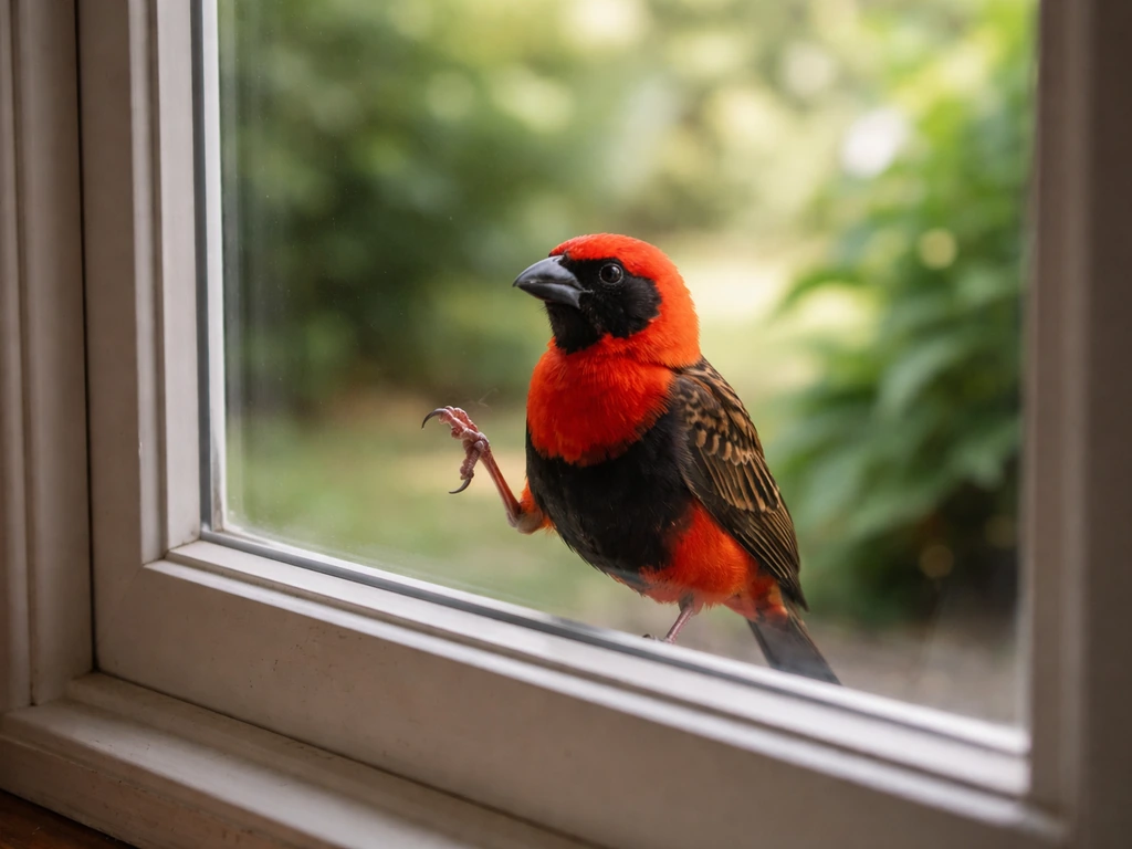 Red bishop perched outside a window, tapping the glass with soft reflection in a quiet garden setting.