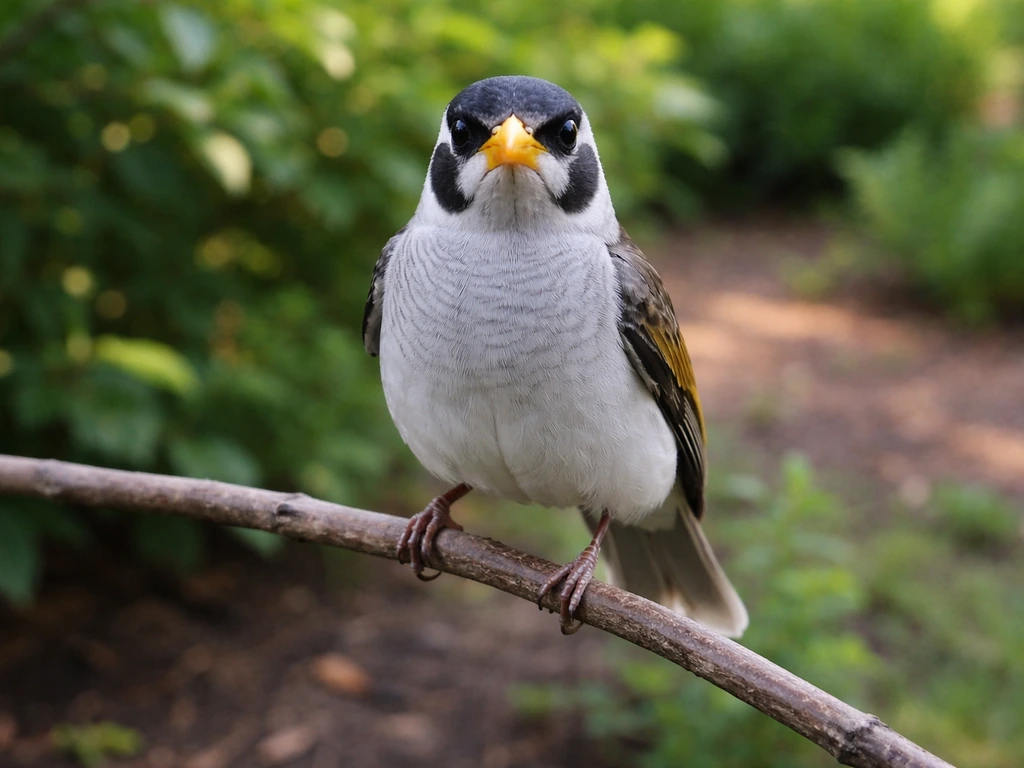 Noisy miner bird alert on a garden branch with a softly blurred backyard behind it.
