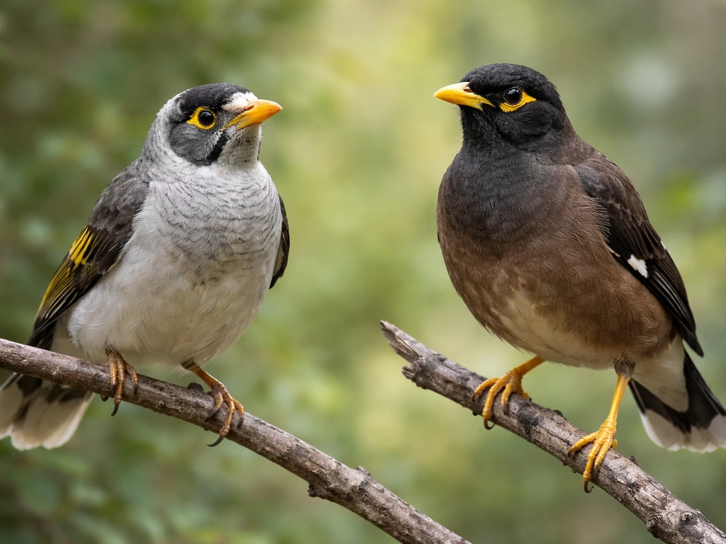 Noisy miner and common myna perched side-by-side on branches in soft natural light.