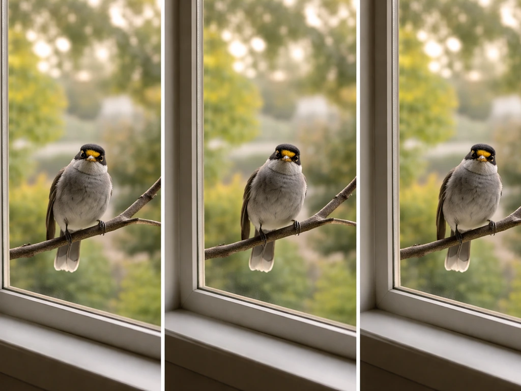 A noisy miner perched on a branch near a window as morning light repeats across consecutive days.
