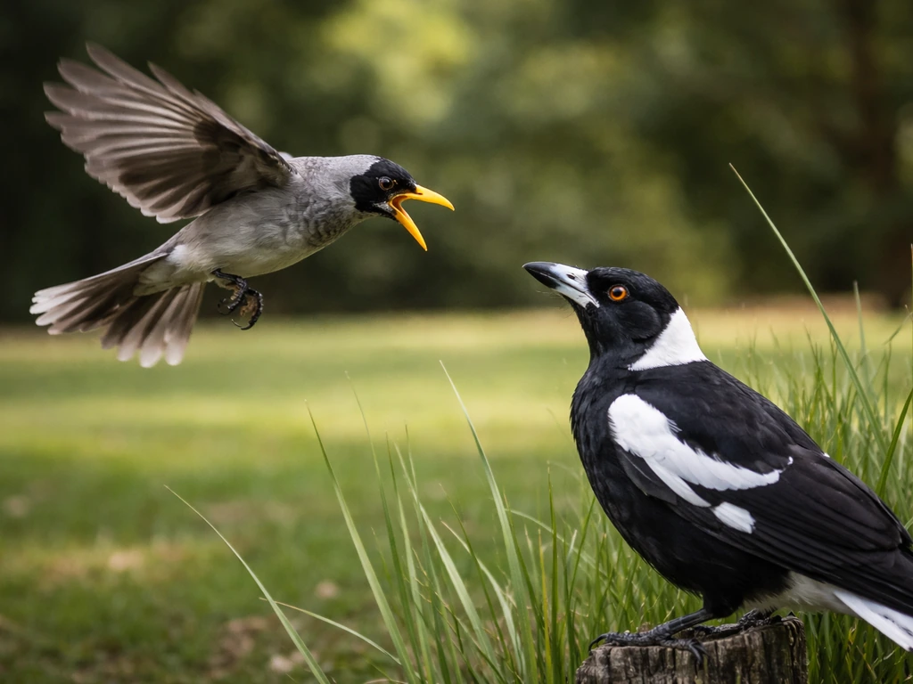 Noisy miner aggressively swooping at a larger bird near tall grass, territorial defense in natural setting.