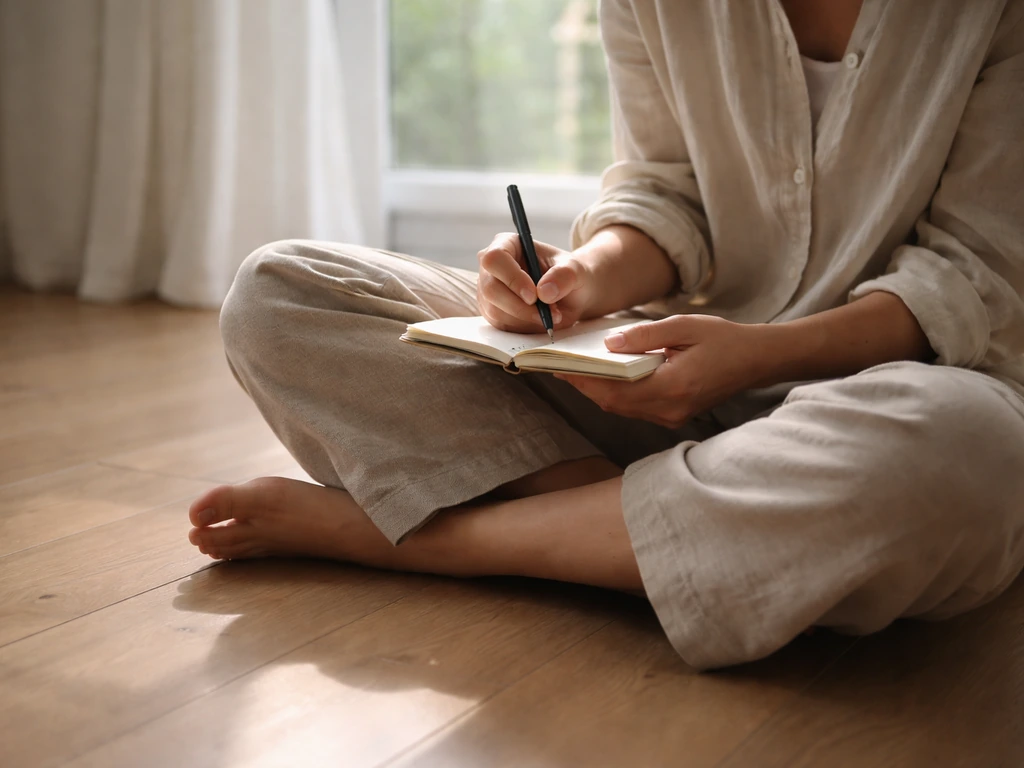 Person journaling on a quiet floor by a window, calm and grounded after a moment of reflection.