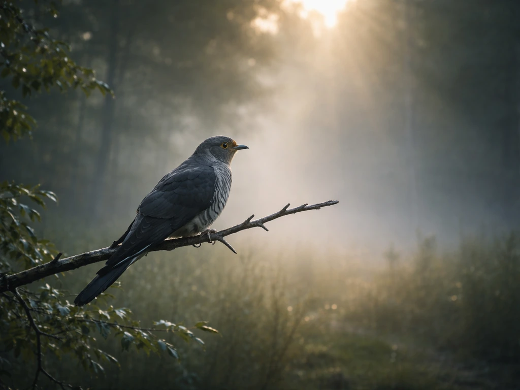 Single cuckoo perched in misty dawn light, dew glowing as first rays break through.