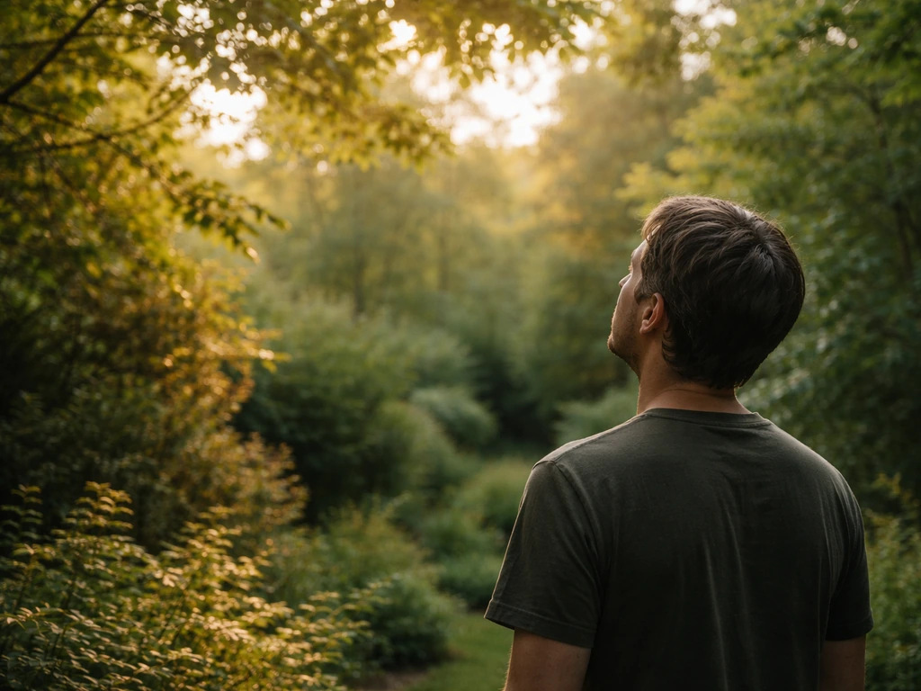 A person in a quiet garden listens as leaves sway overhead, suggesting a cuckoo without showing the bird.
