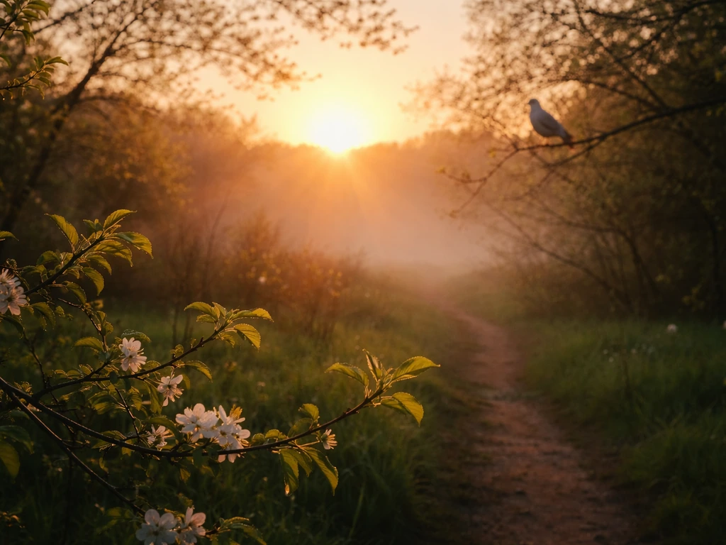 Spring sunrise over a quiet garden path with warm light and a distant cuckoo calling in the background.