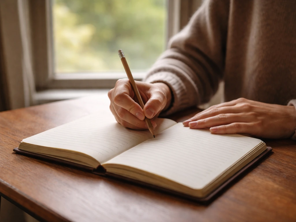 Person writing in an open journal with a pencil by a window, natural light after an outdoor bird encounter.