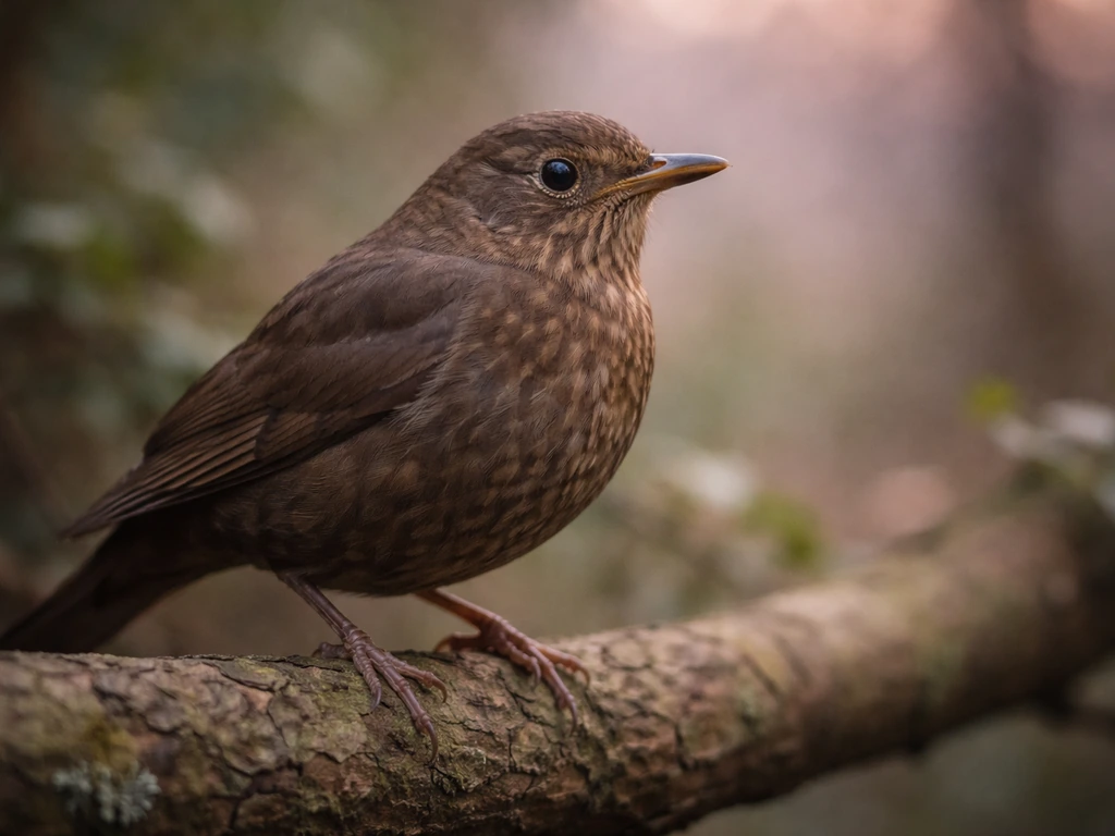 Brown bird perched on a natural branch with earthy tones and soft purple-pink background haze.