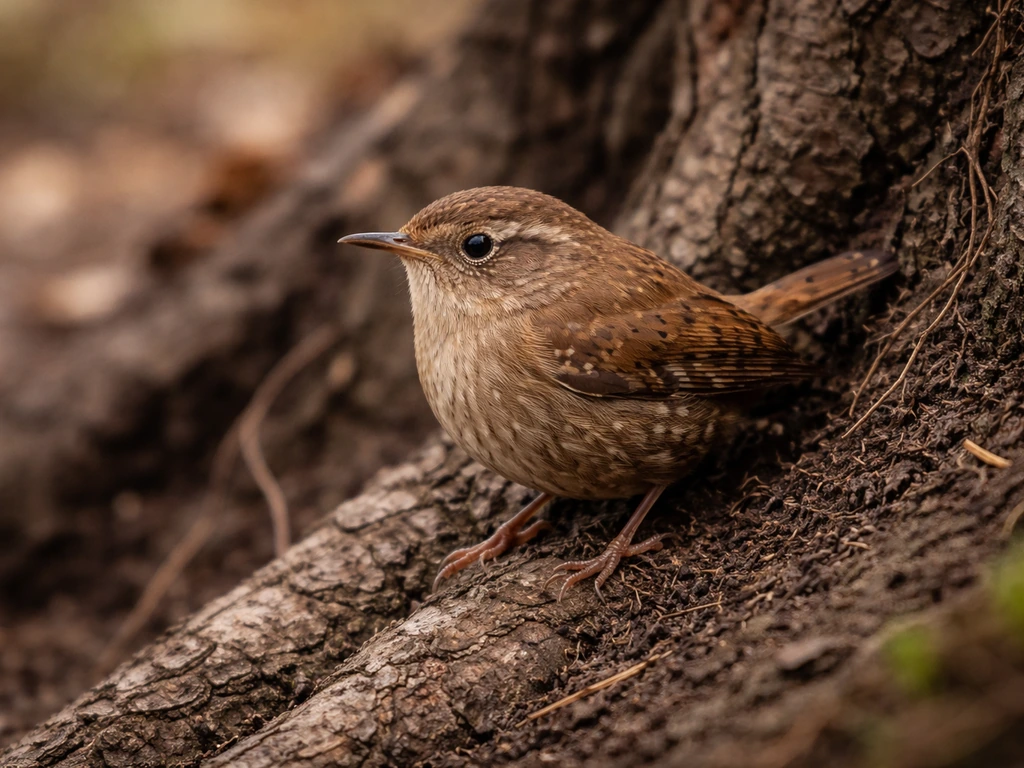 Brown bird perched on bark beside soil and roots in soft natural light.