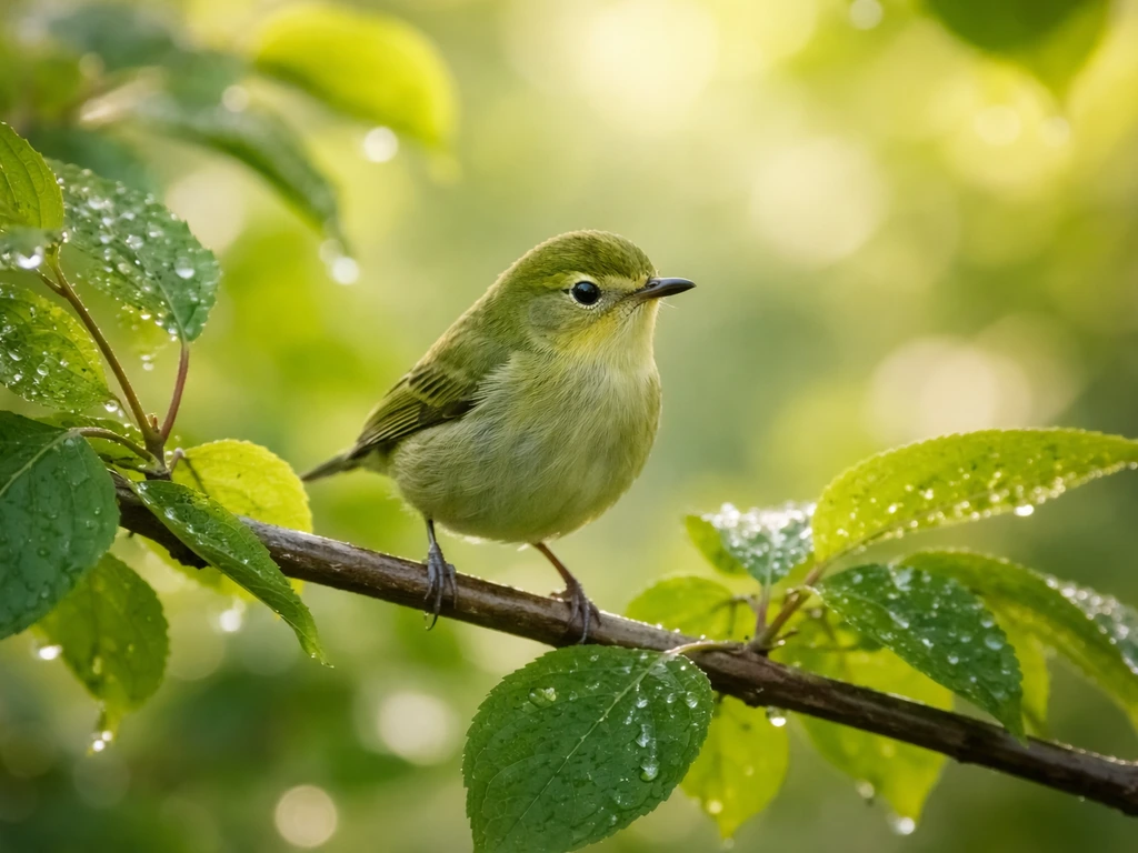 Green songbird perched on a dewy branch amid lush leaves in bright natural light.