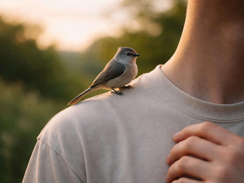 A grey bird perched on a person’s shoulder in a calm outdoor setting, peaceful and protective.