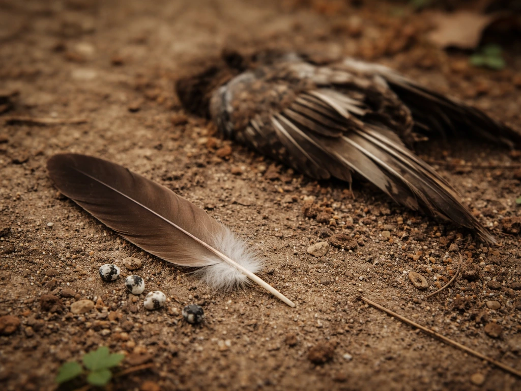 Close-up of a brown feather, small bird droppings, and a respectfully placed found bird remnant on soil.