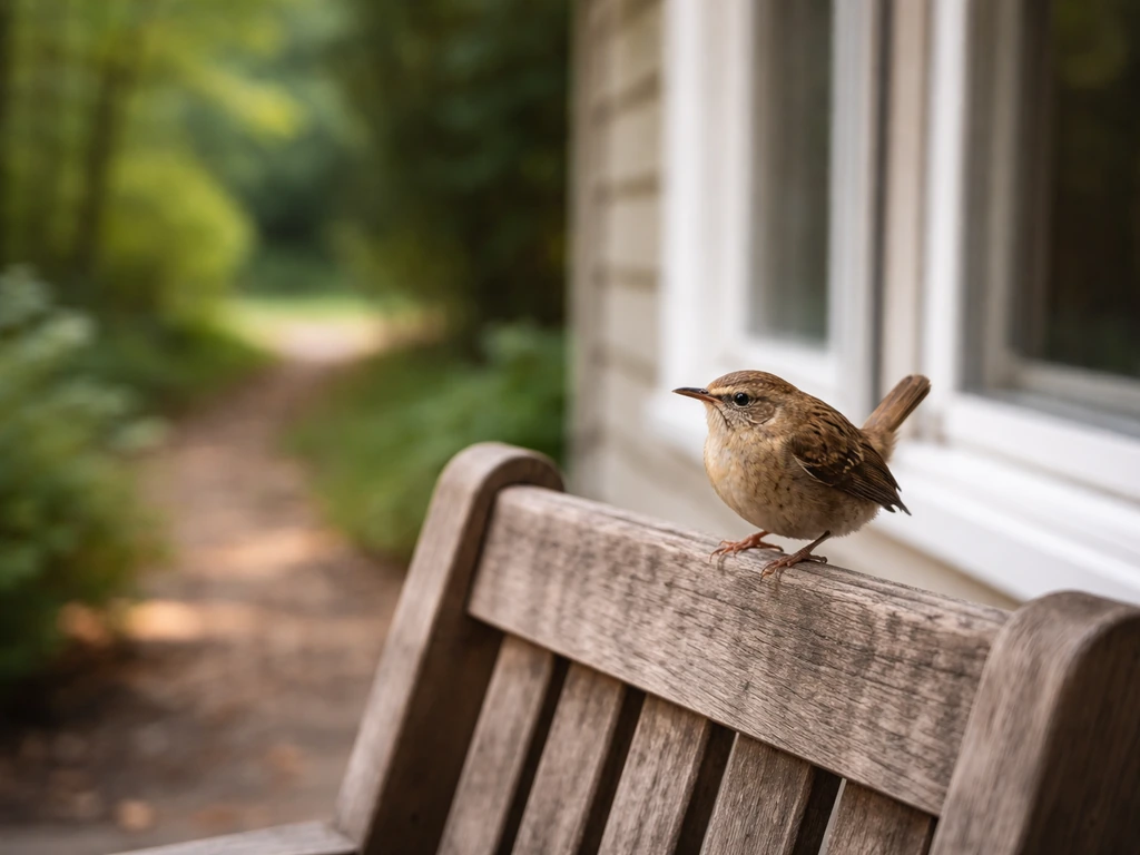 Wren perched on a garden chair near a window, with a blurred wooded path background suggesting different settings.