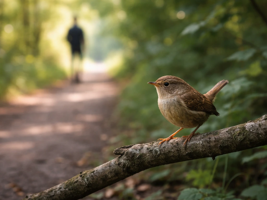 A wren perched on a branch beside a quiet forest trail with a blurred walker in the background.