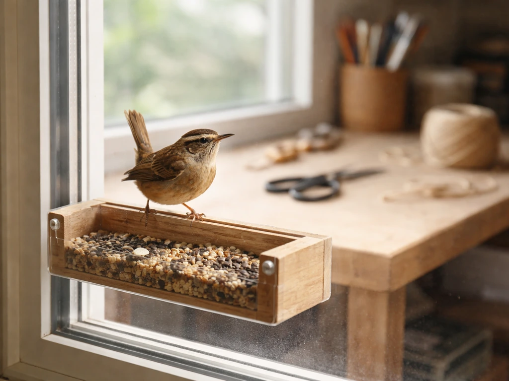 A wren on a window bird feeder beside a craft workshop workbench in natural light.