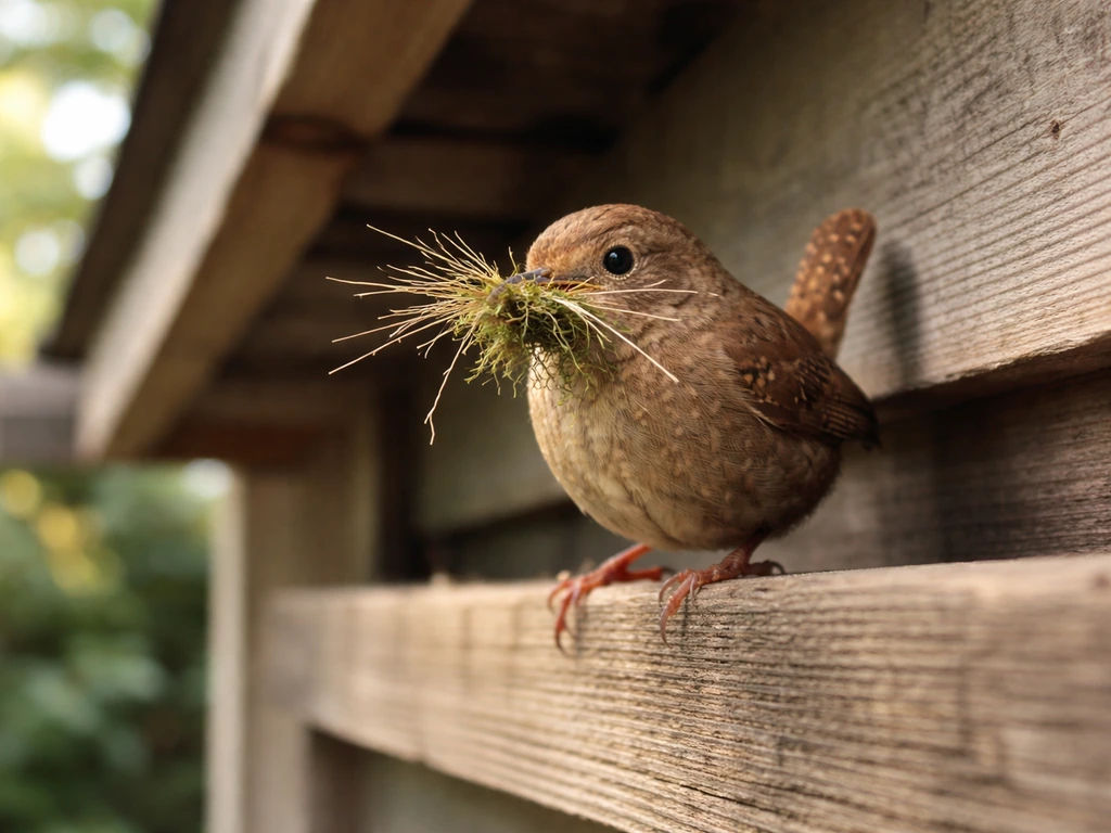 Small wren perched near a sheltered home ledge carrying nesting twigs and moss