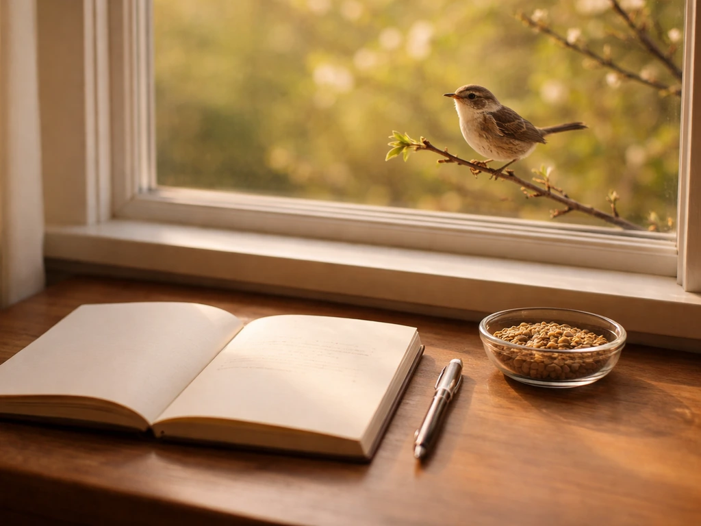 Open journal and pen by a window with a small wren outside, plus birdseed for a gratitude ritual