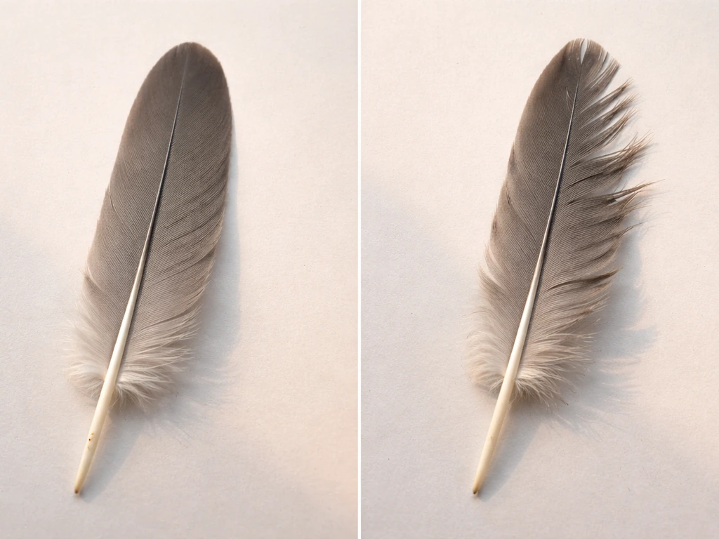 Two grey feathers side by side: one intact with clean barbs, one frayed and broken near the tip.