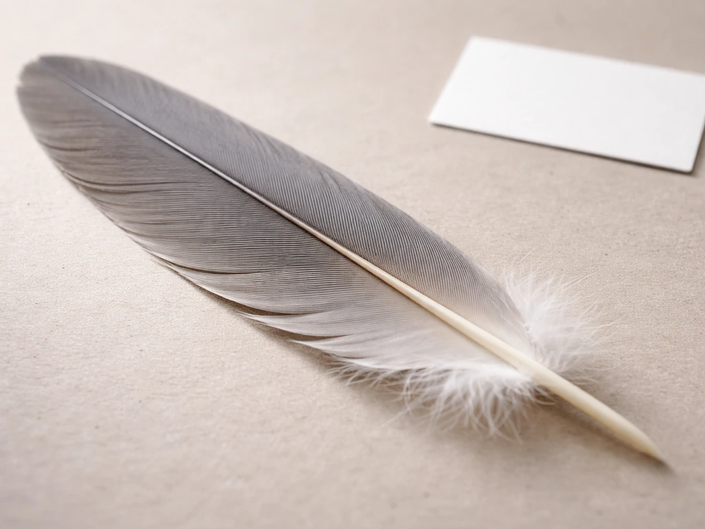Macro photo of a grey feather showing barbs and shaft texture beside a small empty identification card.