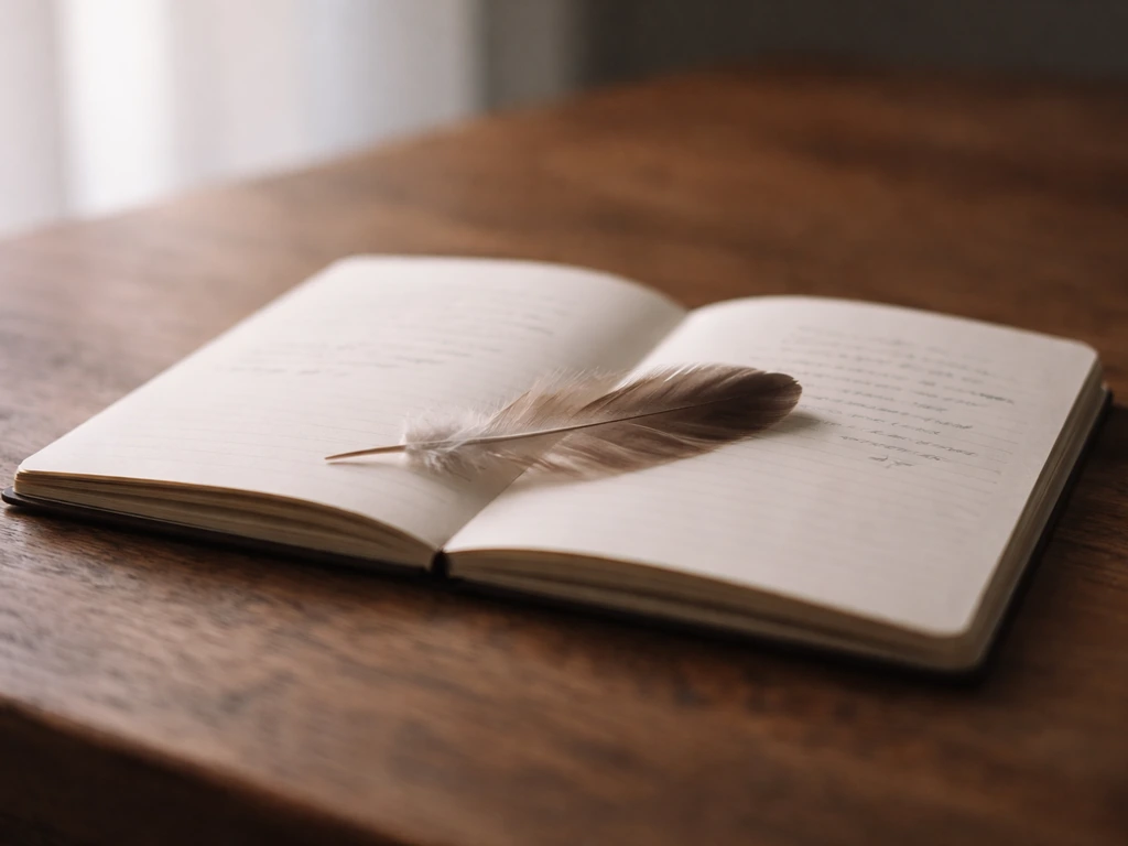 A feather lying beside an open journal on a wooden table under natural light.