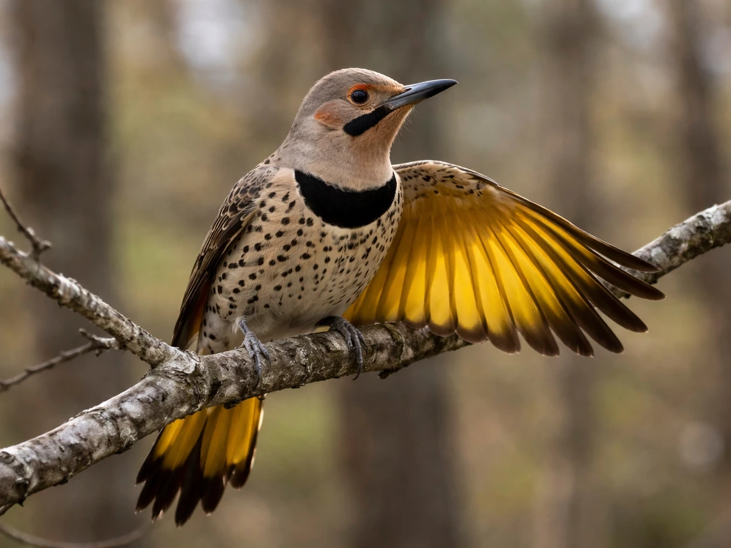 Northern Flicker woodpecker perched in a tree, showing bold head markings and wing undercolor flash.