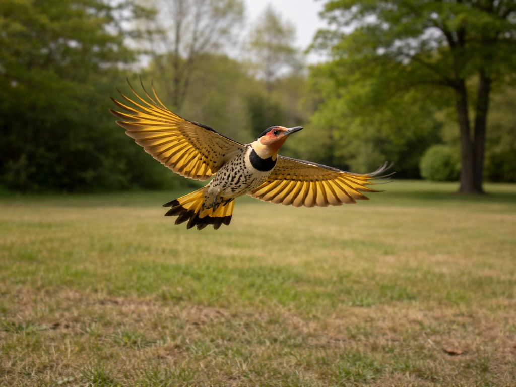 Northern Flicker flying overhead above a quiet yard/field in natural light.