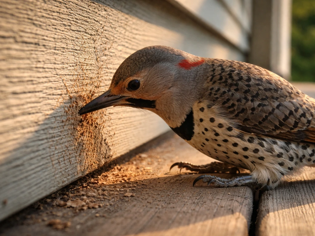Northern Flicker drumming on a home’s wooden porch siding, focused on the beak-to-wood contact point.
