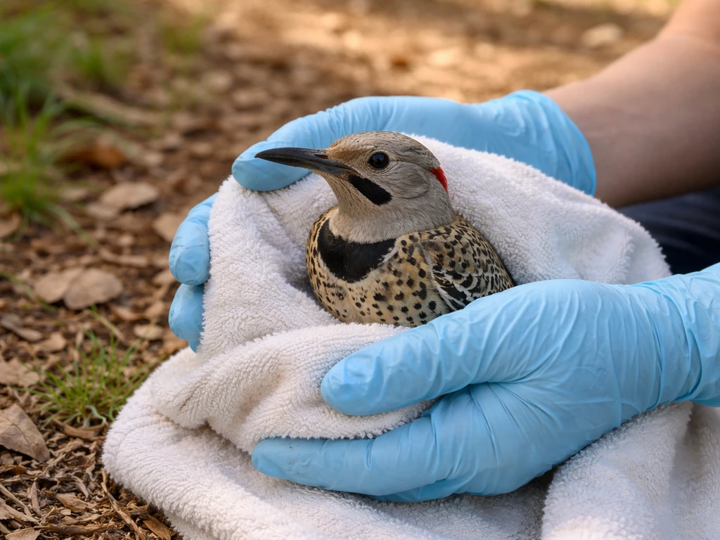 Gloved hands gently cradling a Northern Flicker outdoors near where it was found for safe transfer