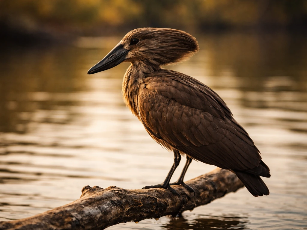 A hamerkop bird perched by calm water, hammer-shaped head and watchful presence in soft light.