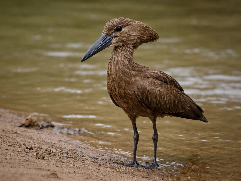 Hamerkop wading bird with hammer-shaped head standing upright on a muddy riverbank
