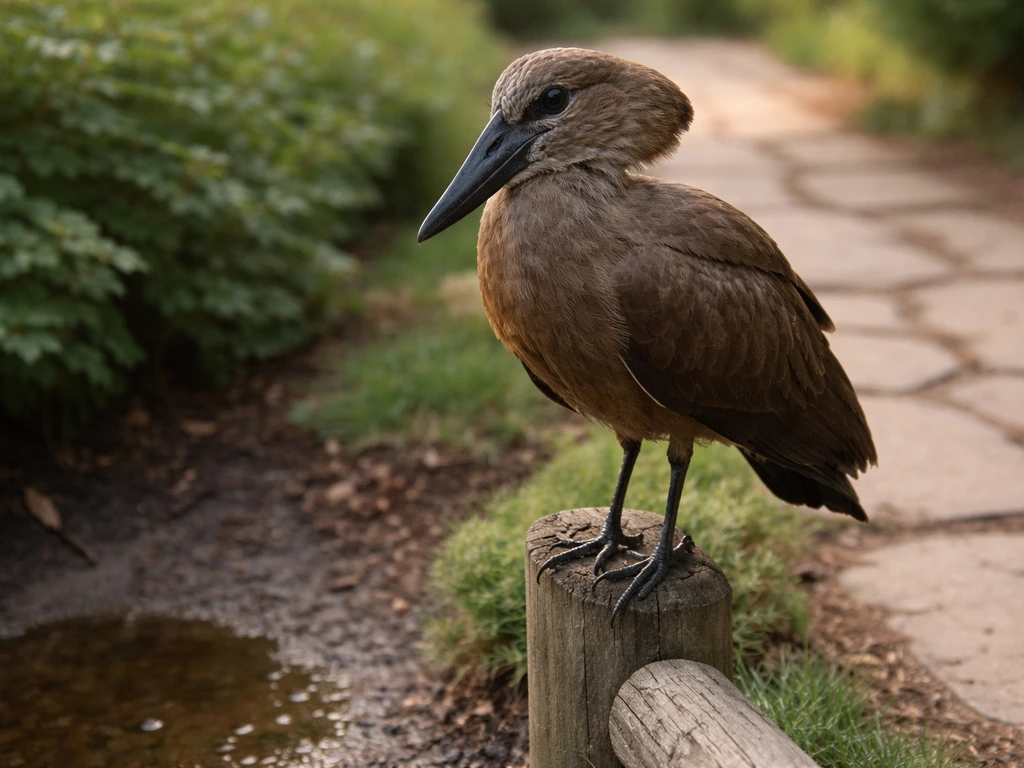 A hamerkop perched near a quiet yard path, looking calm as if unusually close to humans