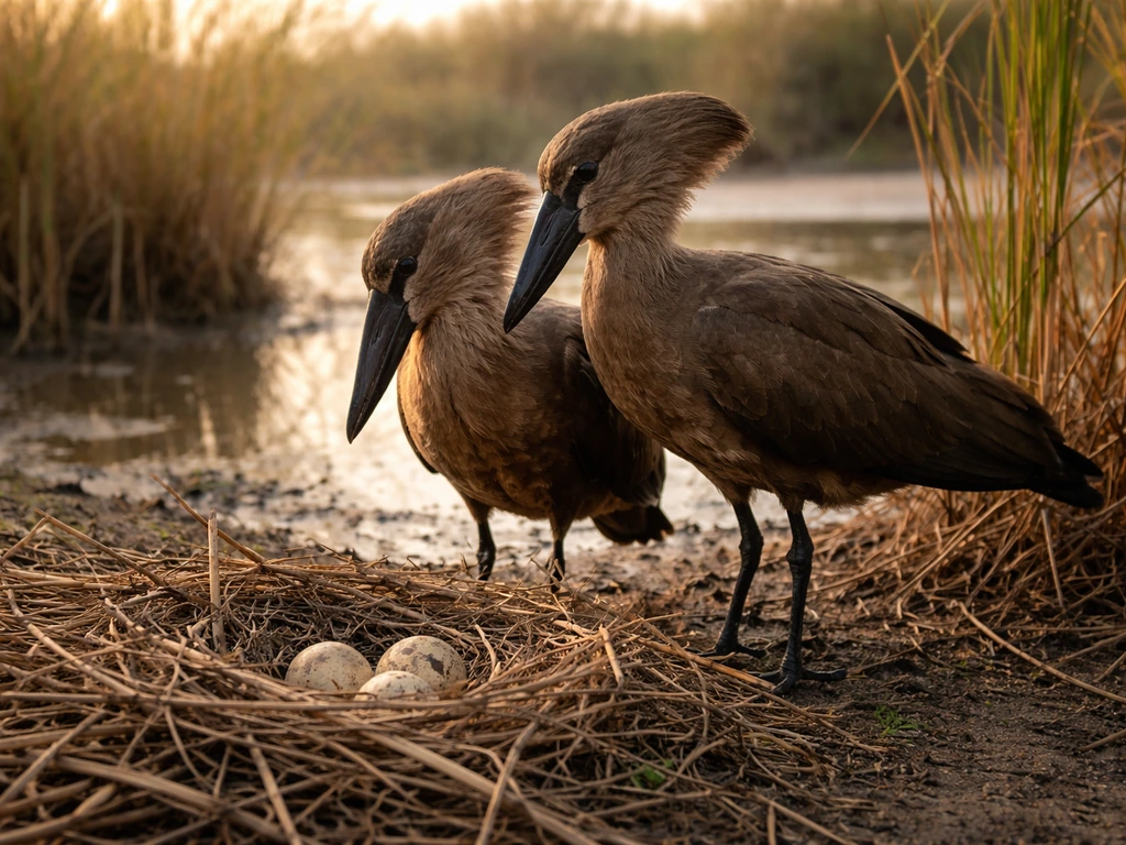 Two hamerkops stand protectively beside a nest in a calm wetland, symbolizing love and guidance.