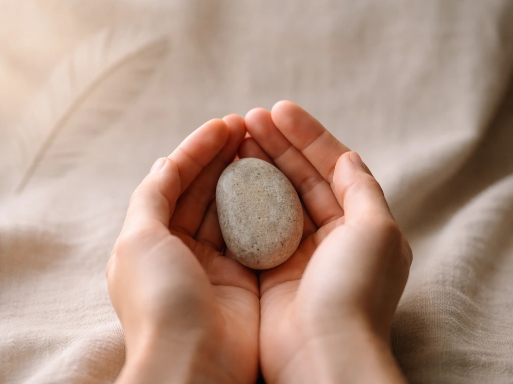Close-up of hands holding a small stone while setting a personal intention, with a subtle hamerkop feather motif.