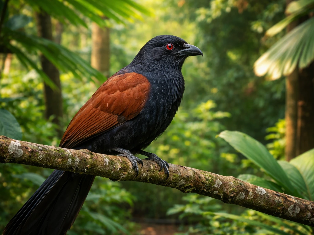 Greater Coucal (Uppan) perched in a Kerala-style garden with lush greenery and soft natural light.