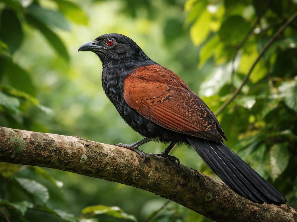 Greater coucal (uppan) perched in leafy tree branches, showing its distinctive markings in natural light.