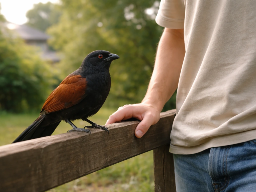 A greater coucal perched on a low fence as a person leans nearby, bird landing close to them