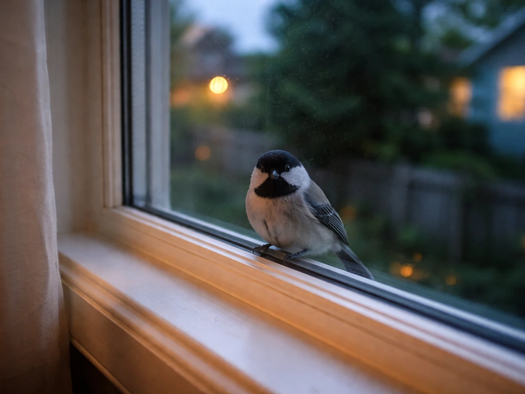 A small bird outside a home window, with glass reflection suggesting it just tapped the pane.