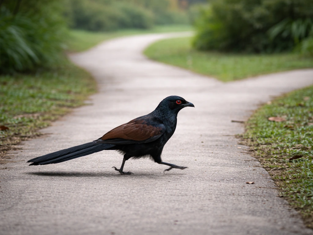 A greater coucal bird crossing a quiet walkway at a fork, suggesting an omen and direction.