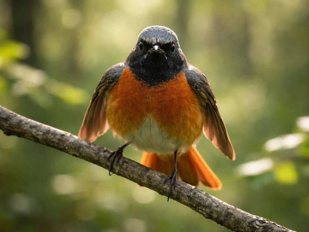 Close-up of a redstart bird perched alert, showing vibrant orange-red feathers in soft natural light