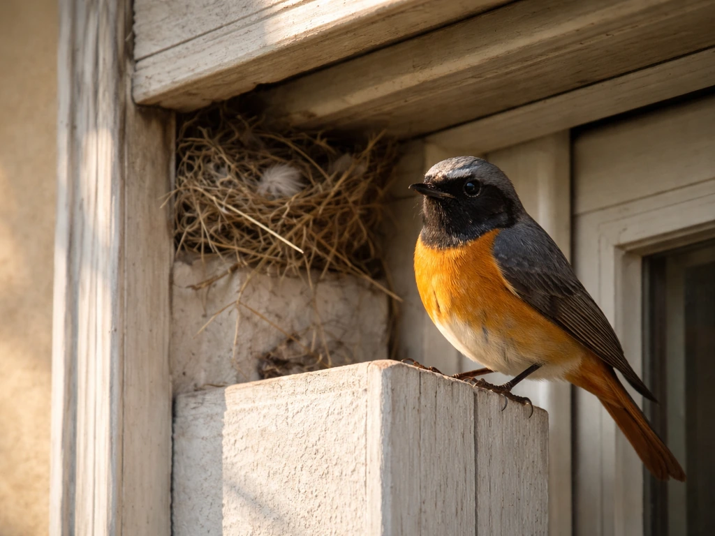 A small redstart perched by a home entrance near a window, morning light and cozy surroundings.