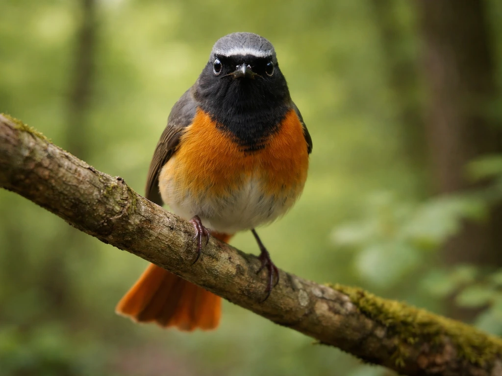 Close-up redstart lingering near the camera on a branch, alert and facing toward the viewer.