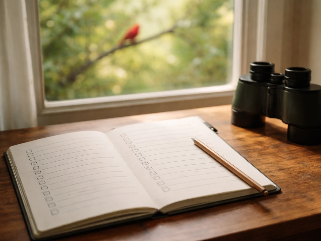 Open nature journal on a desk with pencil and binoculars, with a distant red bird outside the window.