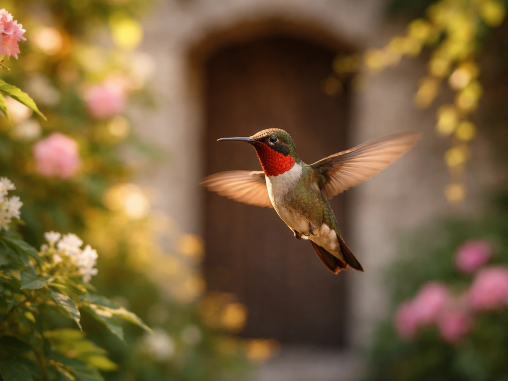 A hummingbird hovering in golden light near a garden doorway with soft flowers in the background
