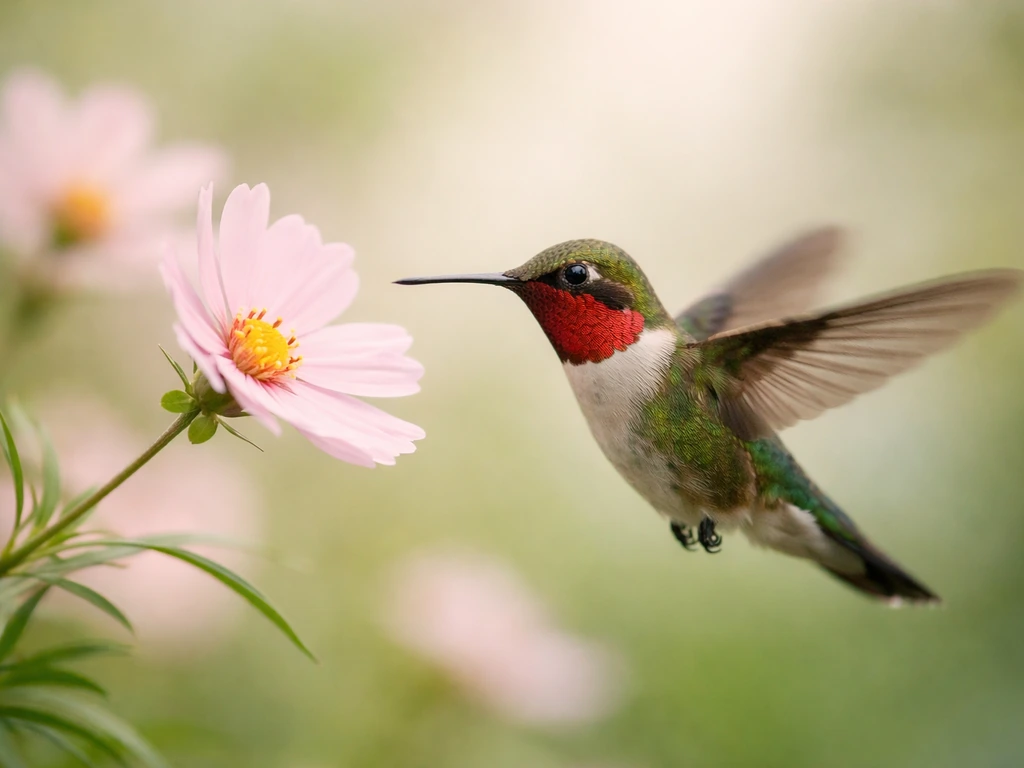 Hummingbird hovering near a blooming flower, wings blurred, iridescent colors in soft natural light.