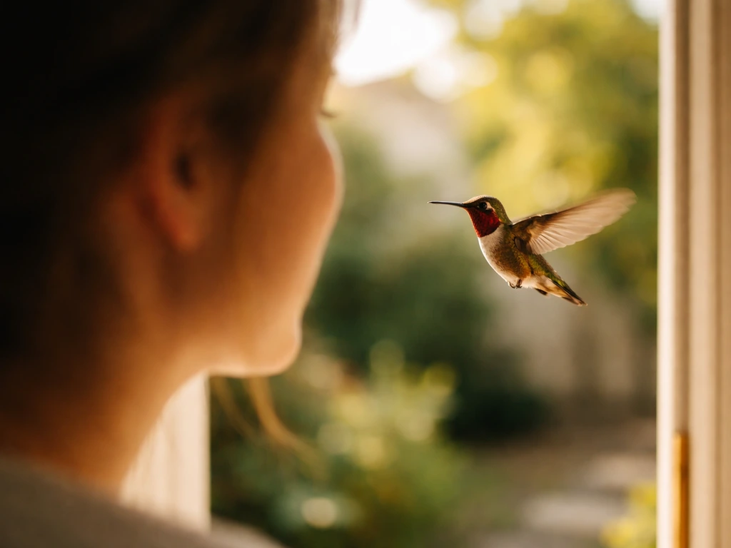 A hummingbird hovers in front of a person near a doorway with softly blurred background greenery.
