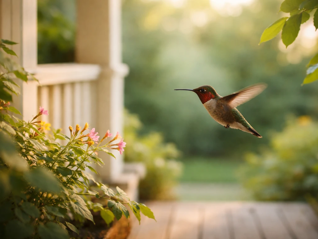 A hummingbird hovers near a porch-side garden entrance with soft greenery in the background.