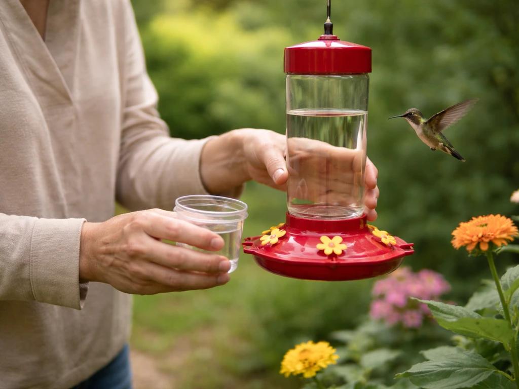 Adult gently adjusting a hummingbird feeder in a garden as a hummingbird hovers nearby.