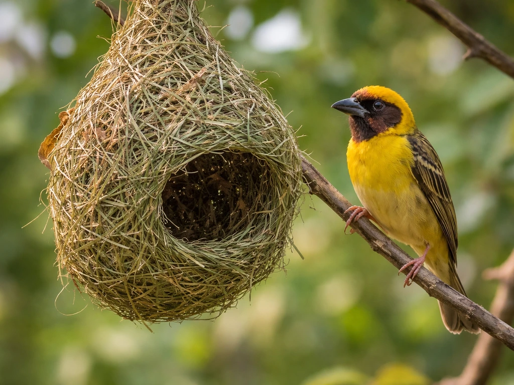 A weaver bird perched beside a complex woven nest made of grasses and leaves