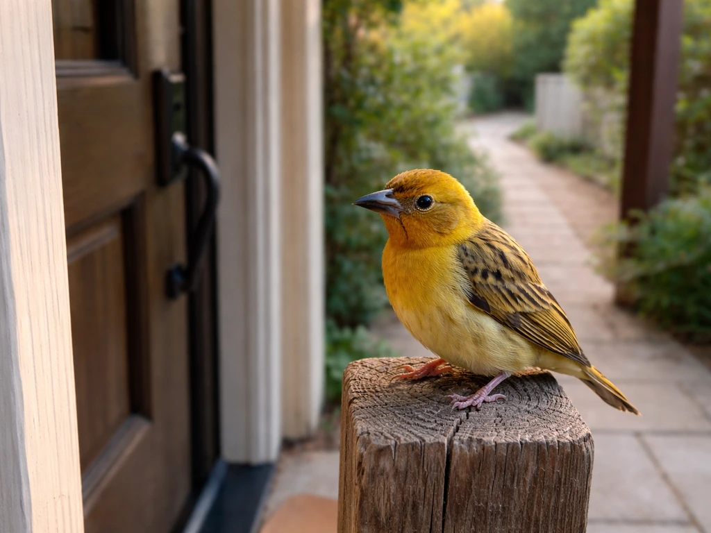 A weaver bird perched very close to a doorway on a garden post, outdoors in natural light.