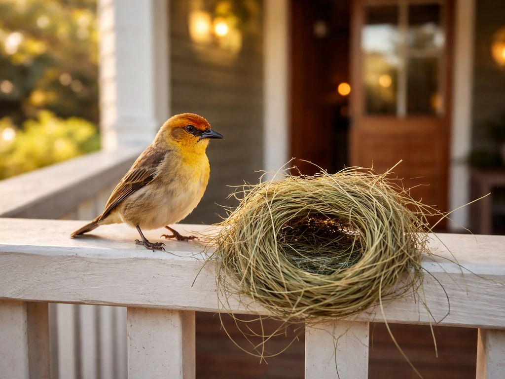 Weaver bird perched by a porch railing on a partially woven nest, with a home exterior softly blurred.