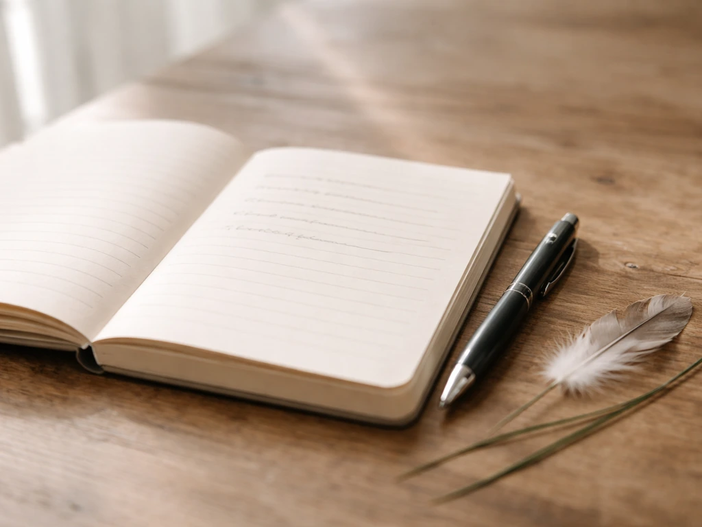 Journaling setup with a notebook, pen, and a small feather/grass thread beside it in natural light.